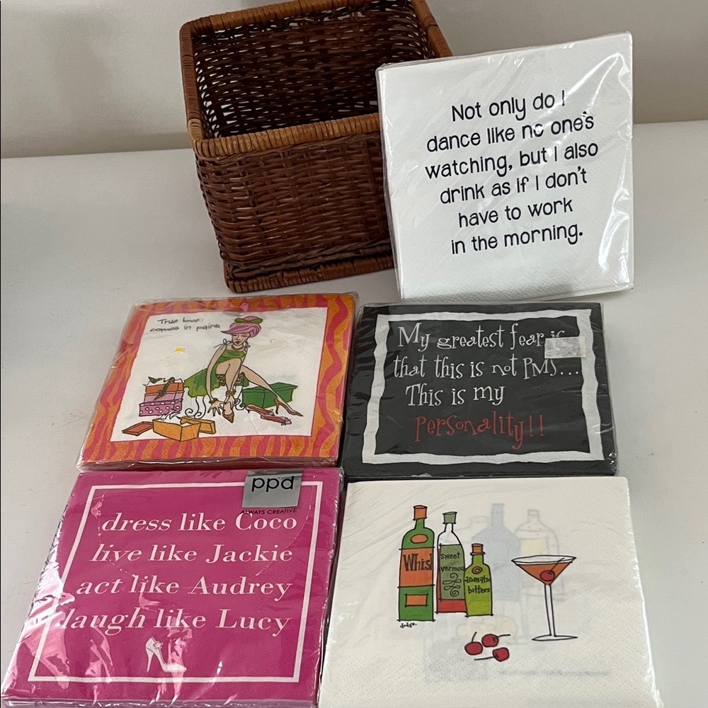 Humorous Cocktail Napkins with Hallmark wicker storage basket